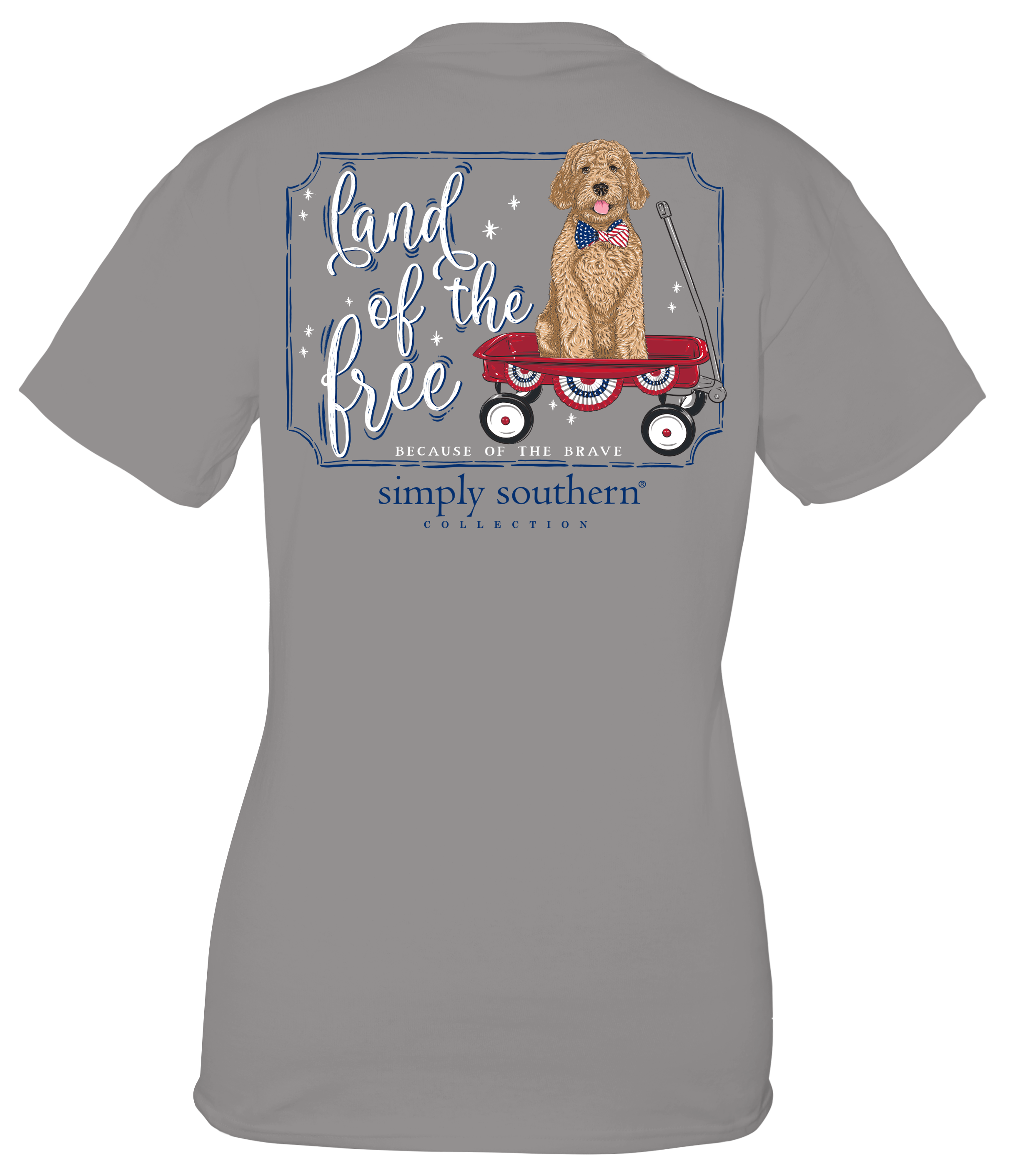 Back view of a Simply Southern Women's Land of the Free Short Sleeve Tee. Showing a Golden Doodle sitting in a little red wagon, while wearing an American flag bow tie.