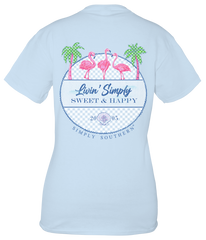 Simply Southern Women's Sweet & Happy Flamingo Short Sleeve Tee, showing the back graphic of the t-shirt. With three pink flamingos.
