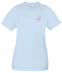 Simply Southern Women's Sweet & Happy Flamingo Short Sleeve Tee, showing the front of the t-shirt, with three pink flamingo on the left side chest.