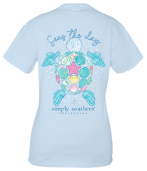 Women's Seas the Day Short Sleeve Tee. Showing the back graphic of a sea turtle, made out of sea turtles.