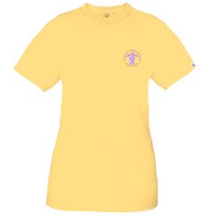 Front view of the Women's Summer Vibes Short Sleeve Tee in yellow, with a purple turtle on the left chest.