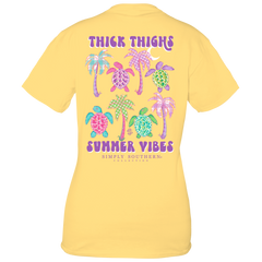 Simply Southern Women's Summer Vibes Short Sleeve Tee, showing the pink, purple, green and blue turtles, next to pom trees. With the phrase "thick thighs, summer vibes."