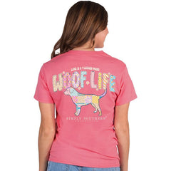 Simply Southern Women's Woof Life Short Sleeve Tee on a model. Showing the back graphic of a colorful dog, and the phrase, "woof life."