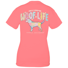 Simply Southern Women's Woof Life Short Sleeve Tee. Showing the back graphic of a colorful dog, and the phrase, "woof life."