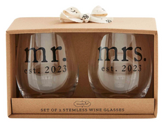 Mud Pie - Mr. & Mrs. Est. 2023 Wine Glass Set in a box.