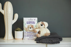 A stuffed animal dog sitting next to the book on a shelf.
