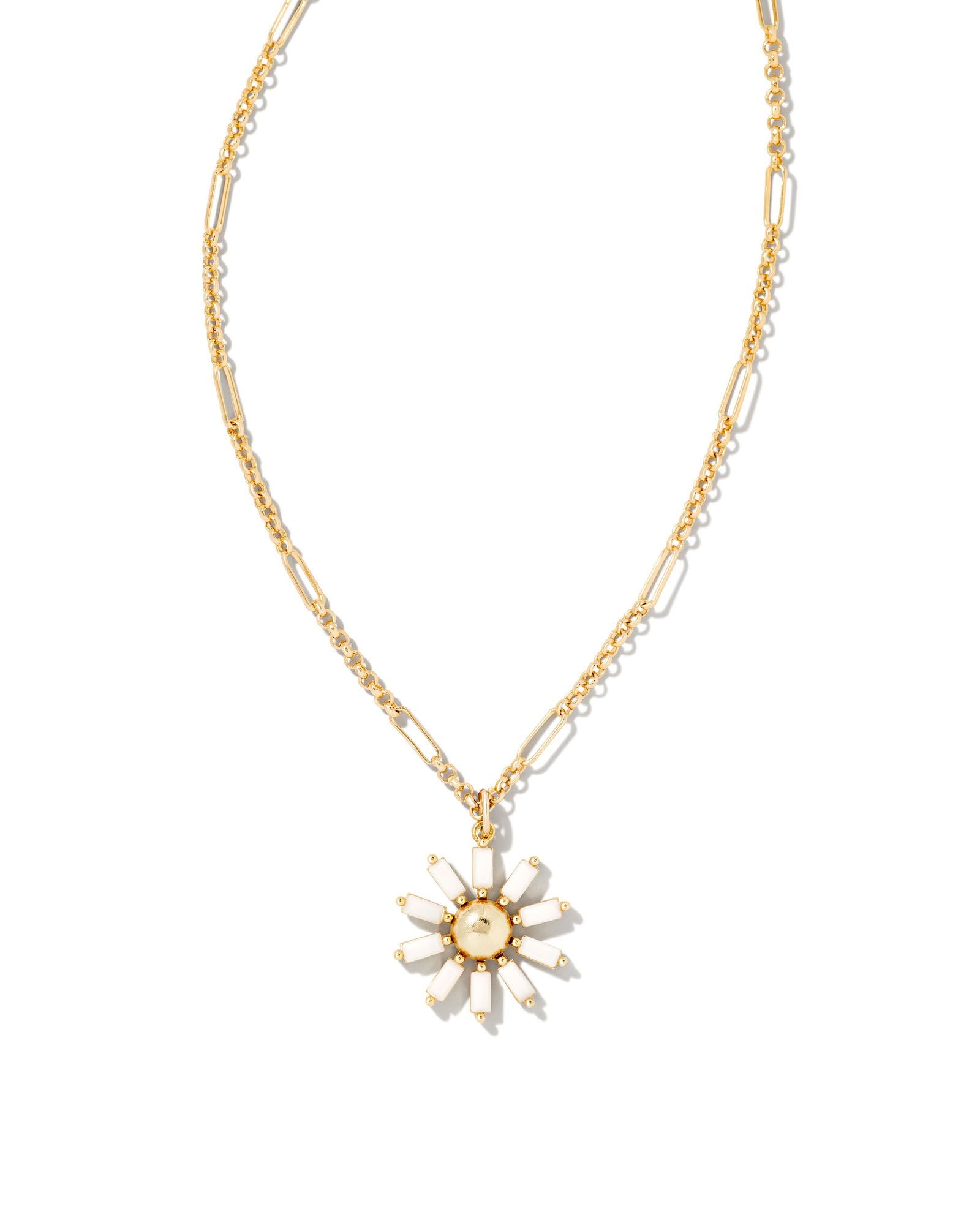 Kendra Scott Madison Daisy Short Pendant Necklace In Gold White Opaque Glass.