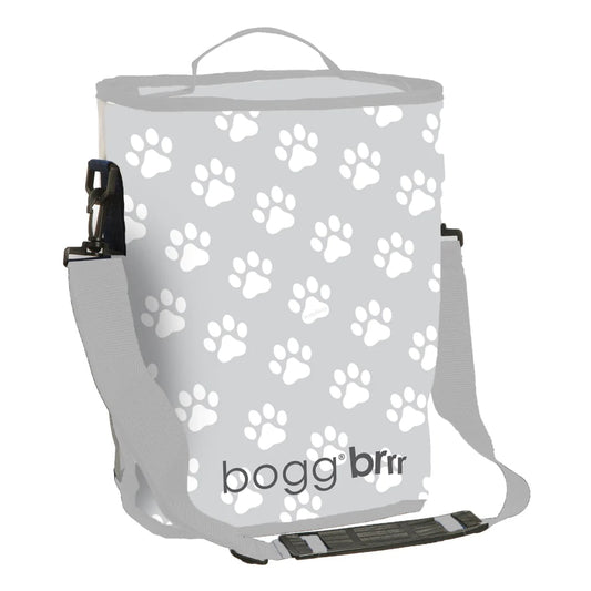 Grey and white Bogg® brrr cooler with paw prints on it.  1080