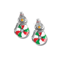 Adorable Christams themed earrings with a smiling snowman in silver, with a peppermint body. 