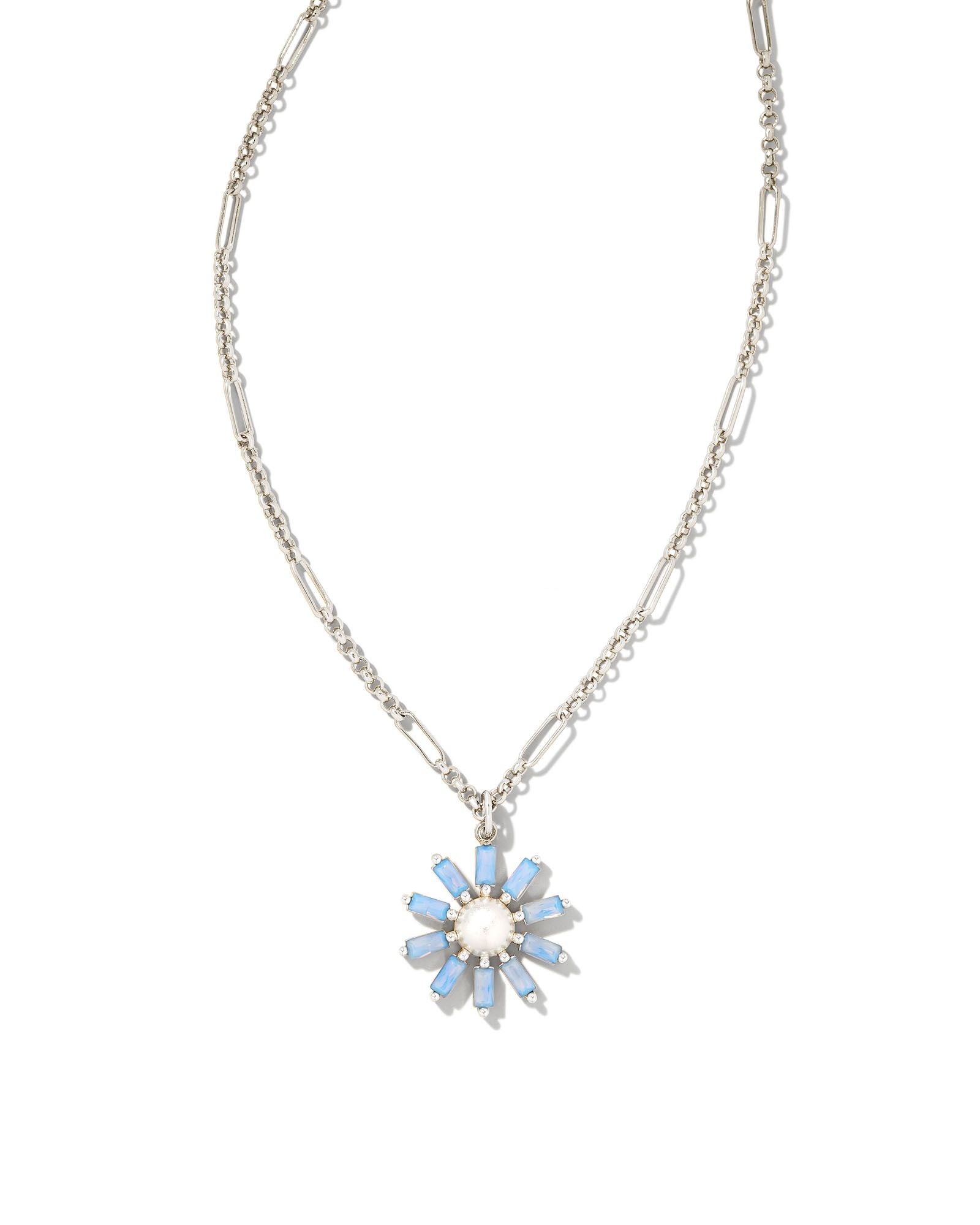 Kendra Scott Madison Daisy Short Pendant Necklace Bright Silver Light Blue Opal Crystal.