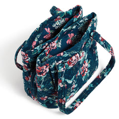 Inside main pouch of multi compartment shoulder bag in Rose Toile pattern