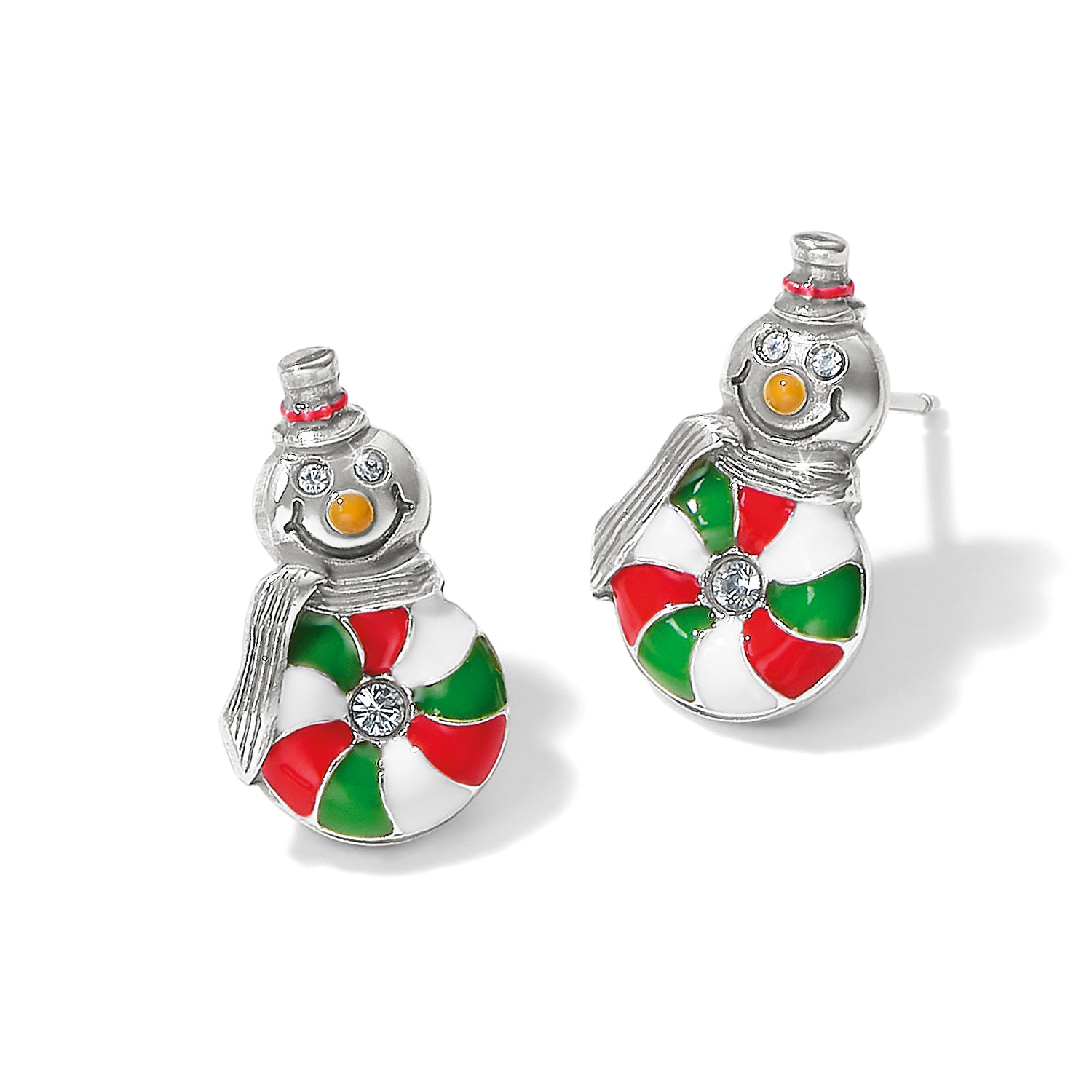 Adorable Christams themed earrings with a smiling snowman in silver, with a peppermint body.