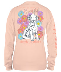A pink long sleeve shirt from Simply Southern featuring a Dalmatian surrounded by flowers, with the phrase "what makes you different makes you beautiful"