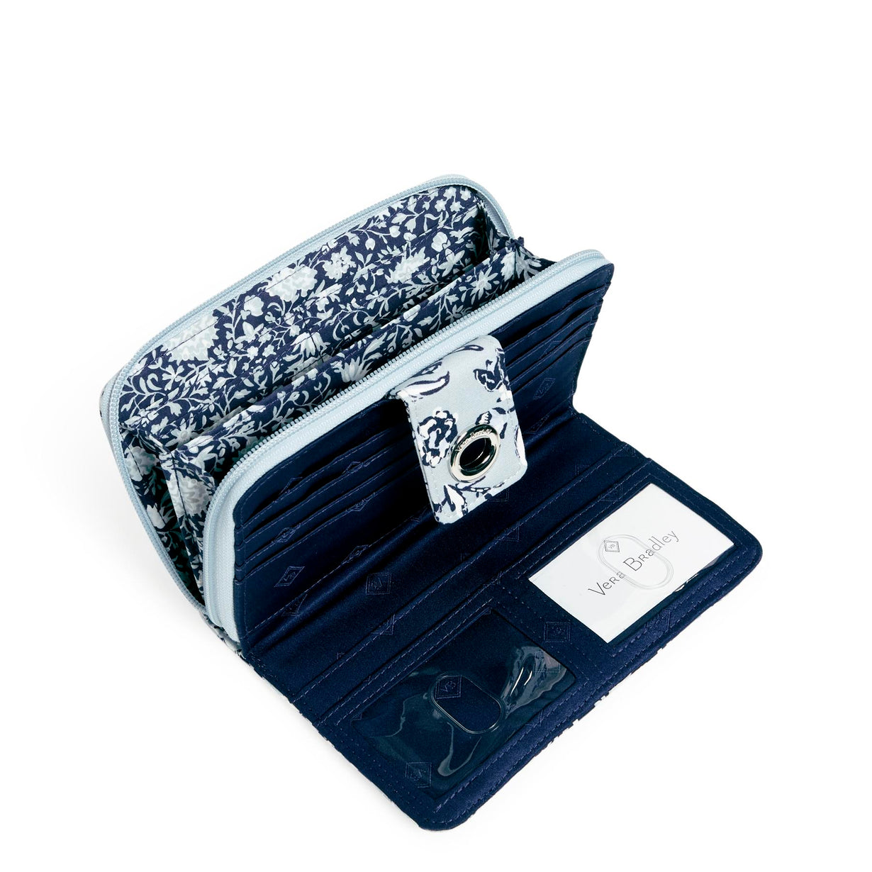 Vera Bradley® - RFID turnlock wallet  Inside showing two ID windows and card slips - Perennials Gray