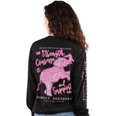 Simply Southern black long sleeve shirt with a pink elephant on the back and the title "the strength, courage and support" 