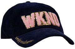 Simply Southern navy blue women's hat featuring the letters "WKND" in pink. 