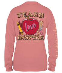 The back of a long sleeve Simply Southern Shirt, showing classic school supplies and the words "Teach, Love and Inspire"