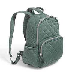 Vera Bradley Small Backpack Showing Shoulder Straps and Water Bottle Pouch In Olive Leaf Pattern
