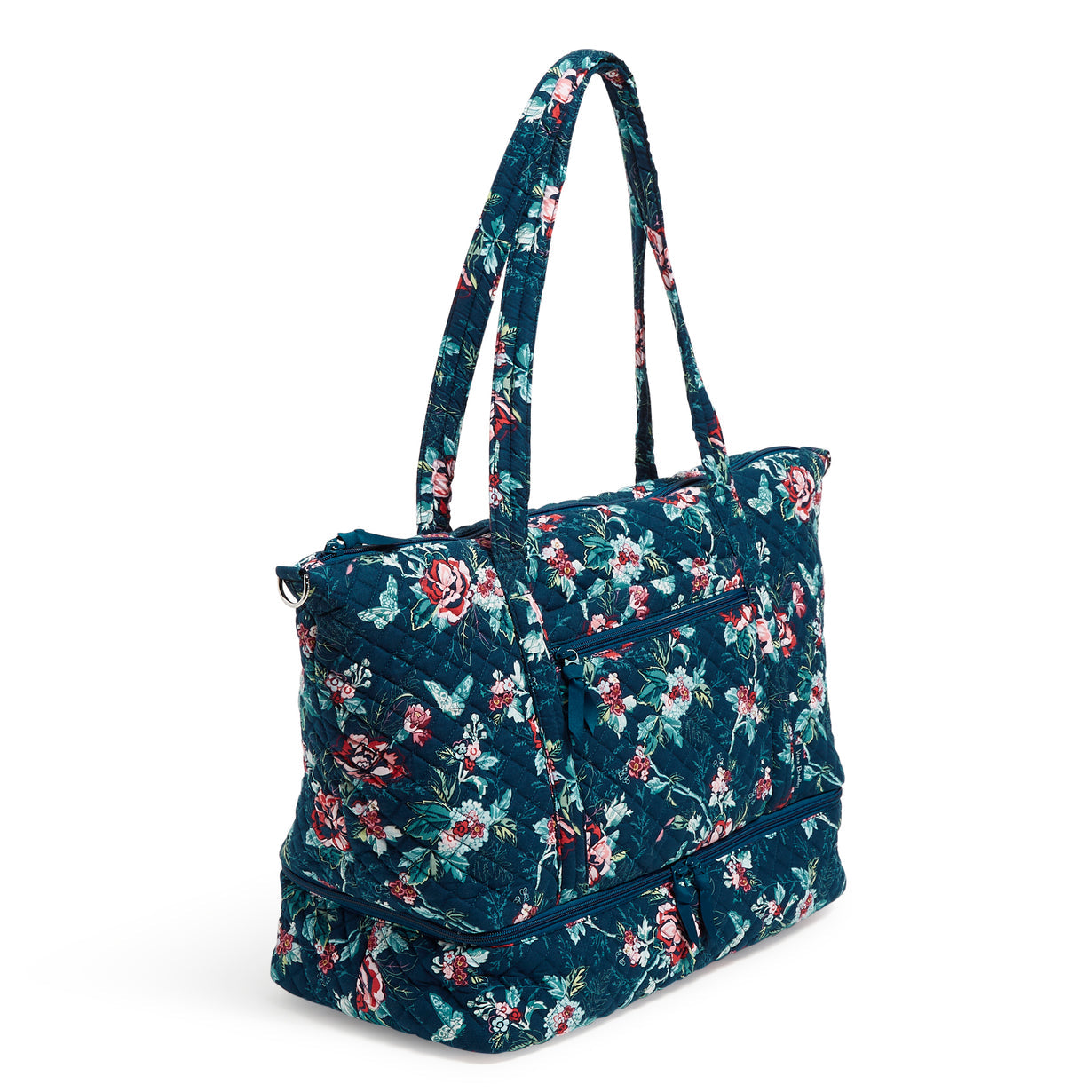 Side view of deluxe travel tote in Rose Toile pattern