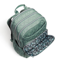 Vera Bradley XL Campus Backpack Front Pocket Unzipped In Olive Leaf Pattern