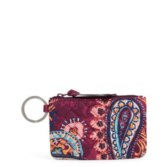 Backside of the Vera Bradley zip ID case in Paisley Jamboree, with a key ring on the side.