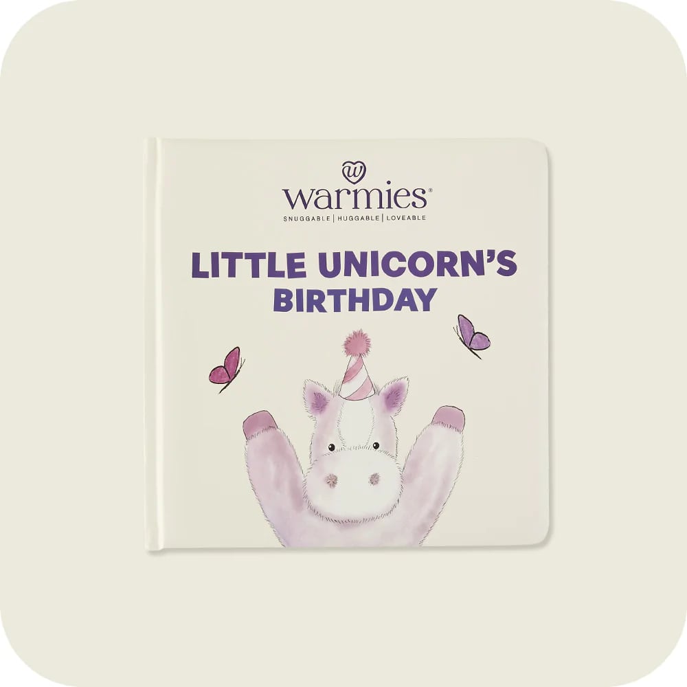 Warmies book with the title "Little Unicorn's Birthday" with a purple unicorn wearing a birthday hat.