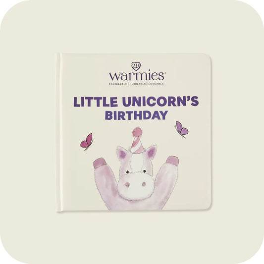 Warmies book with the title "Little Unicorn's Birthday" with a purple unicorn wearing a birthday hat. 1000