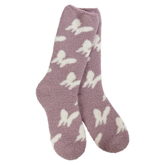 World's Softest Socks® women's purple crew socks with white butterflies 1080