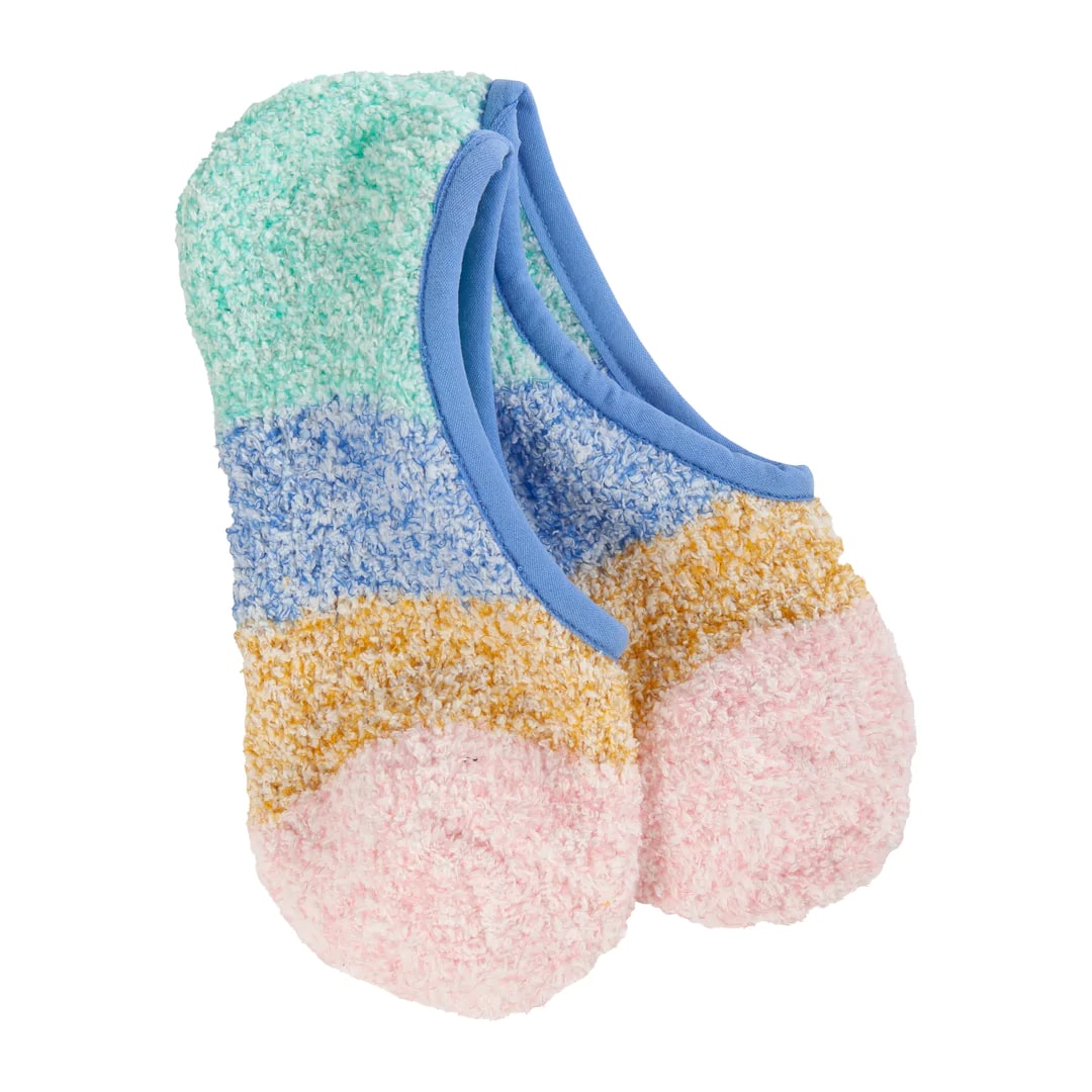 Women's footsie socks in blue, brown and pink.
