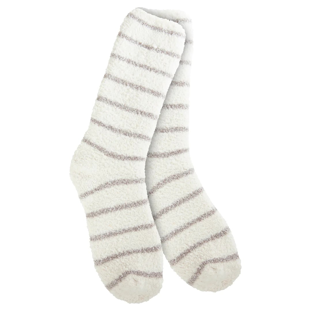 Women's long socks in white with grey stripes.