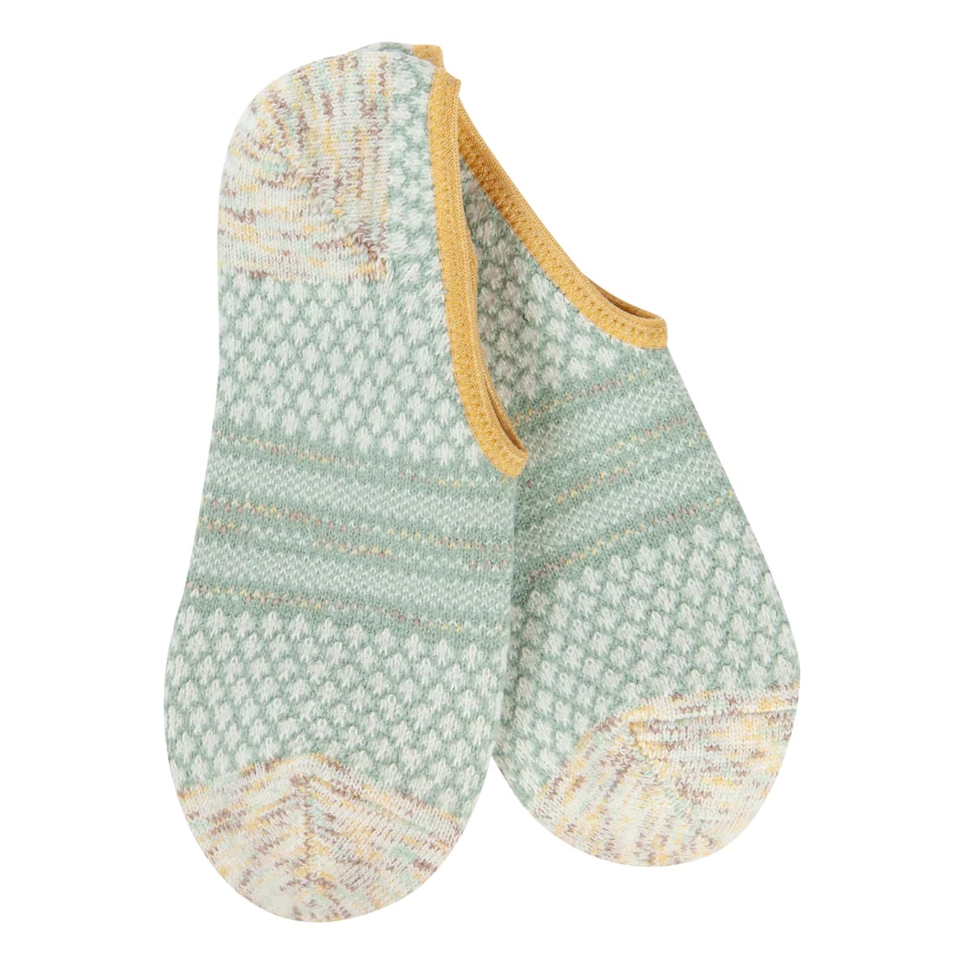 Women's no shoe footsie socks in yellow and blue.