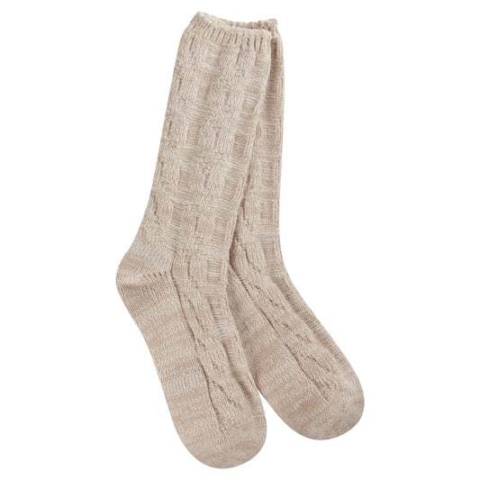 Women's ragg cable crew socks in the color stone. 1080